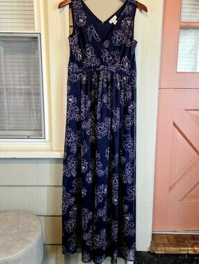 Motherhood Maternity Size Small Navy Blue Pink Maxi Dress Tie Waist Baby Shower